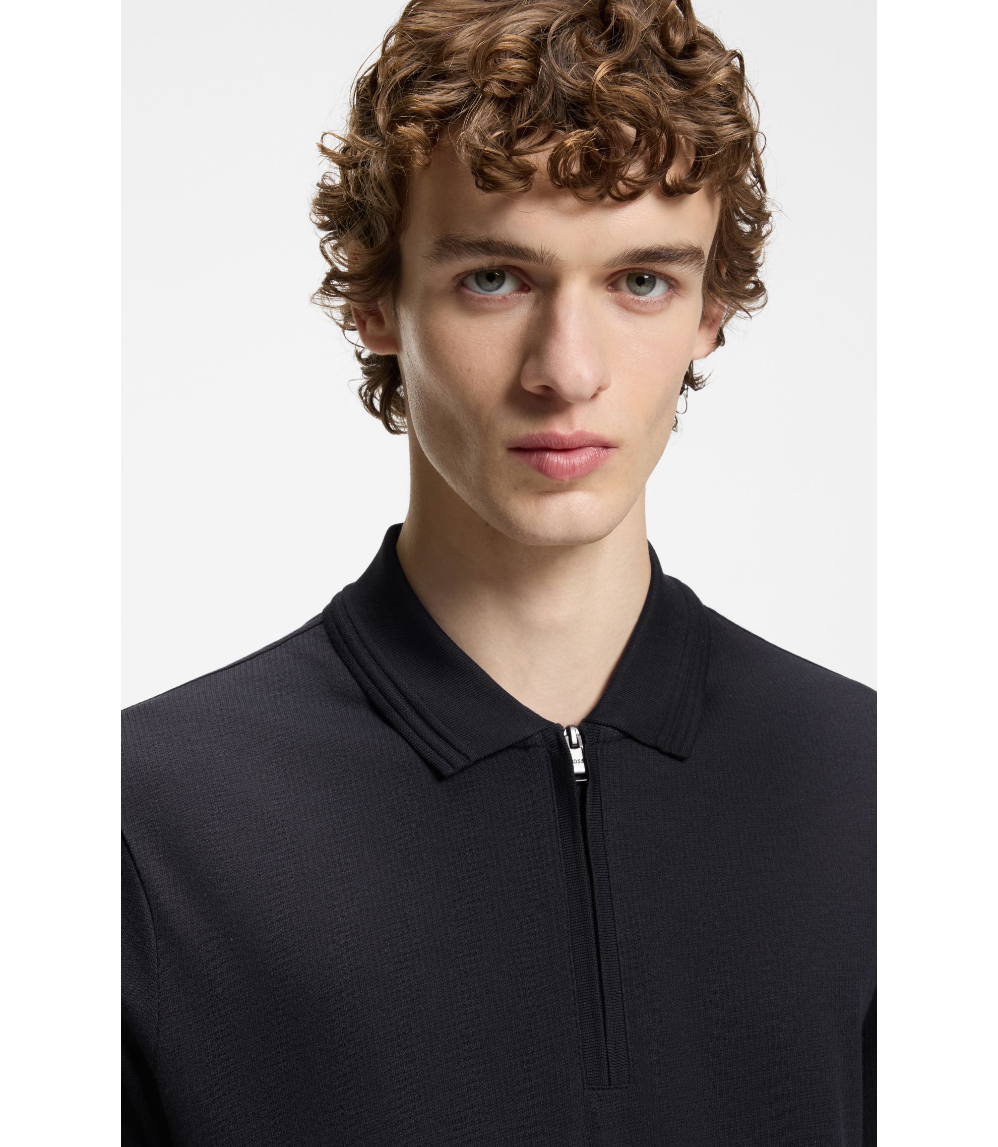 BOSS - Cotton-blend polo shirt with zip placket - Dark Blue