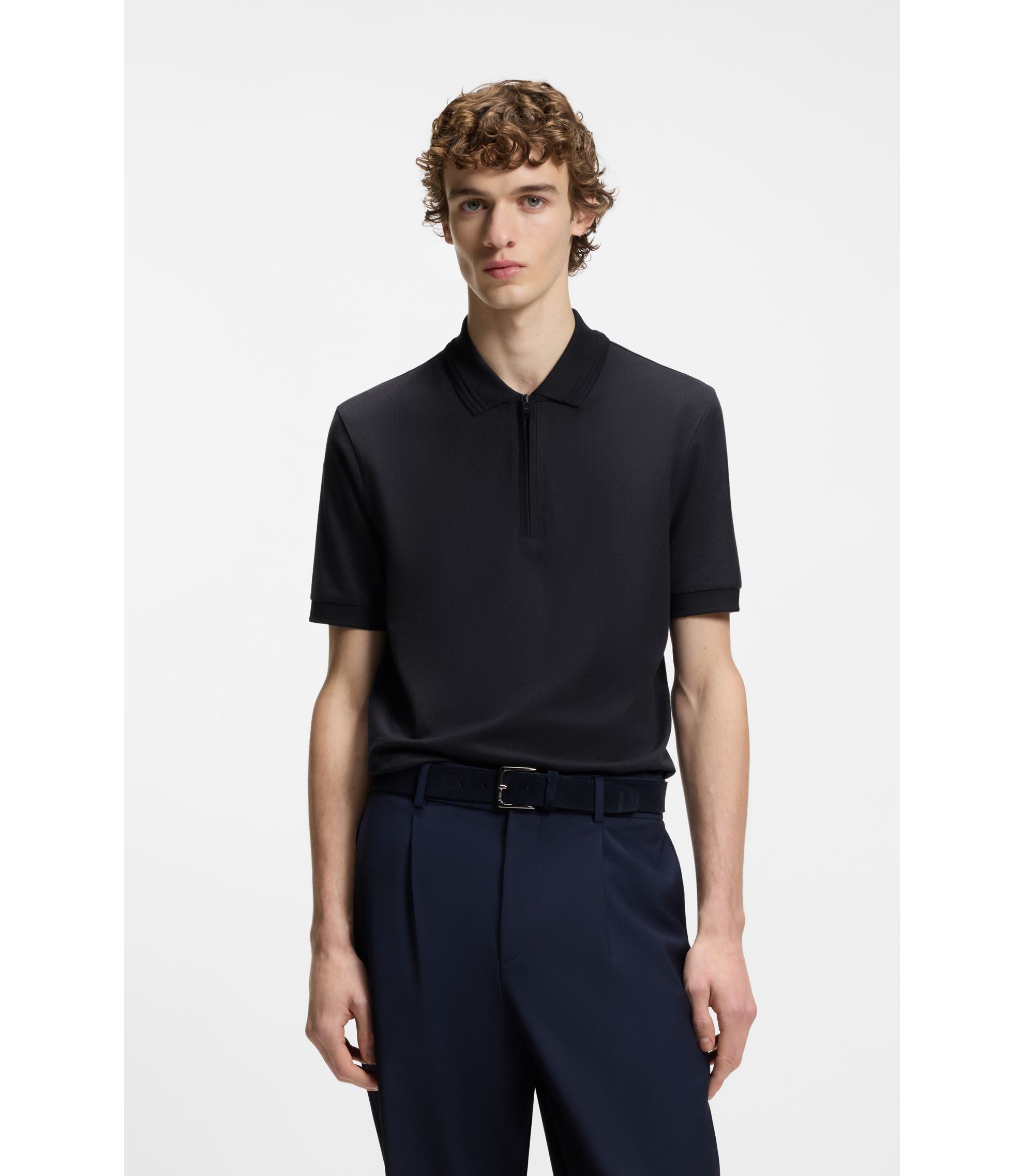 BOSS - Cotton-blend polo shirt with zip placket - Dark Blue