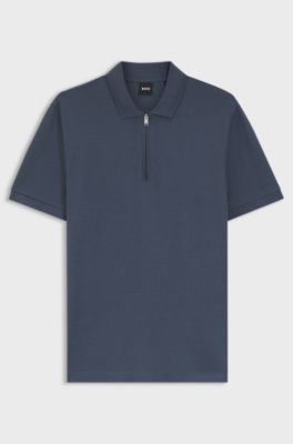 Polo en coton m&eacute;lang&eacute; avec patte zipp&eacute;e, Bleu fonc&eacute;