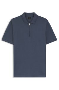 Cotton-blend polo shirt with zip placket, Dark Blue