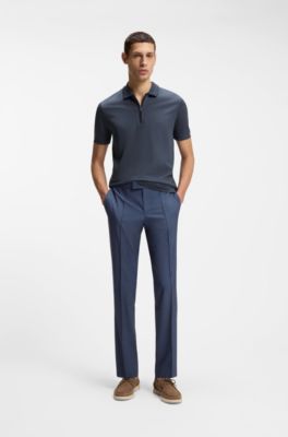 Polo en coton m&eacute;lang&eacute; avec patte zipp&eacute;e, Bleu fonc&eacute;