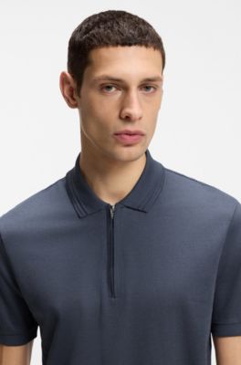 Polo en coton m&eacute;lang&eacute; avec patte zipp&eacute;e, Bleu fonc&eacute;