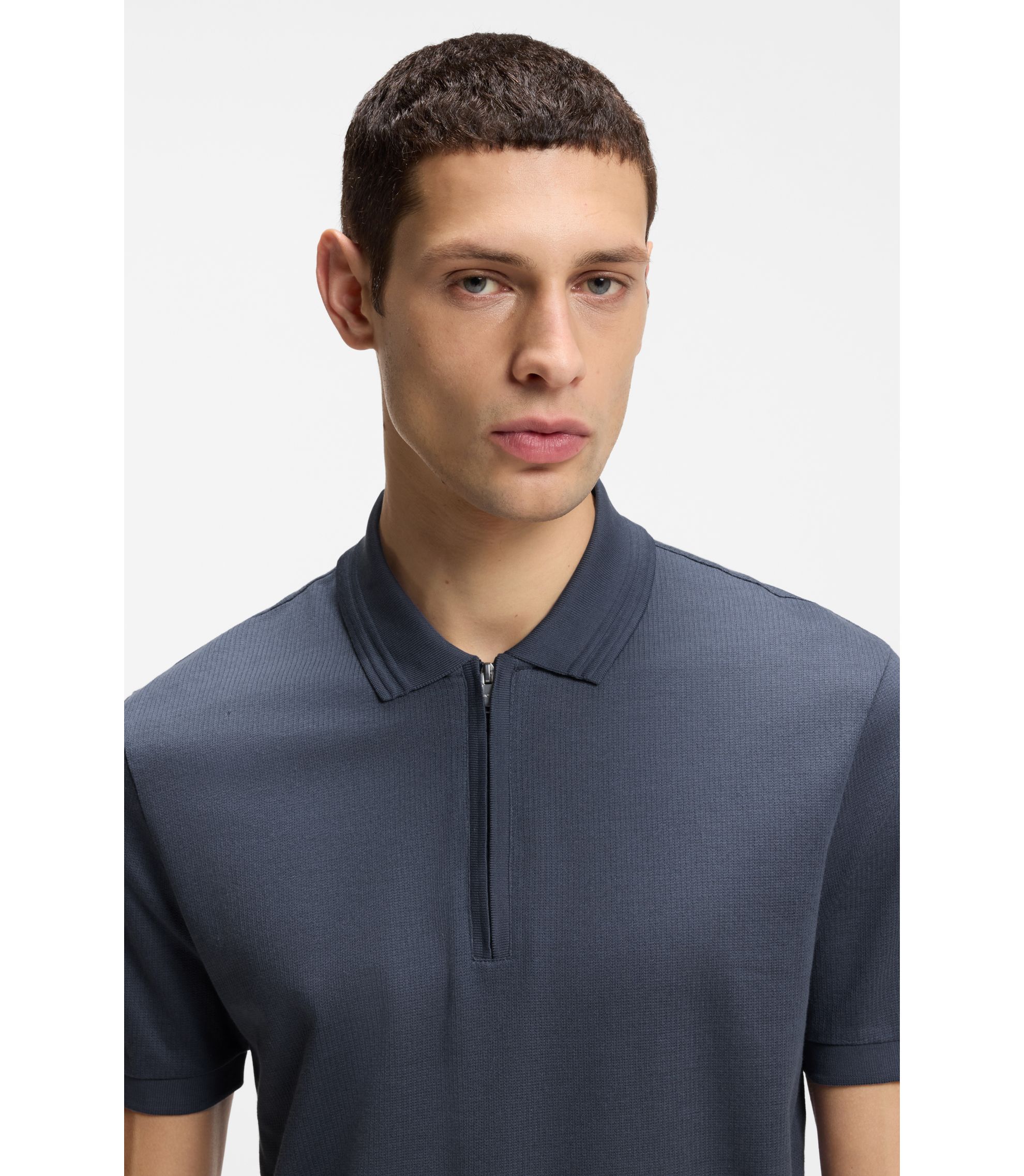 BOSS - Cotton-blend polo shirt with zip placket - Dark Blue