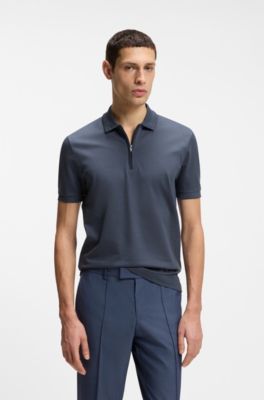 Polo en coton m&eacute;lang&eacute; avec patte zipp&eacute;e, Bleu fonc&eacute;