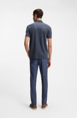 Polo en coton m&eacute;lang&eacute; avec patte zipp&eacute;e, Bleu fonc&eacute;