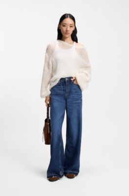 Wool-blend sweater with open knit, Natural