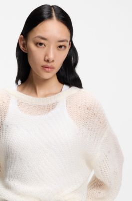 Wool-blend sweater with open knit, Natural