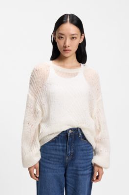 Wool-blend sweater with open knit, Natural
