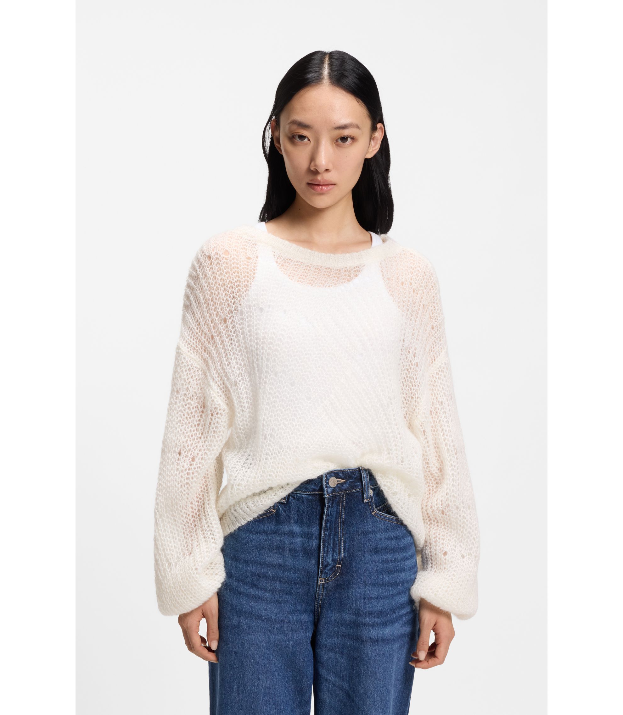 Strickpullover aus Woll-Mix mit Lochmuster