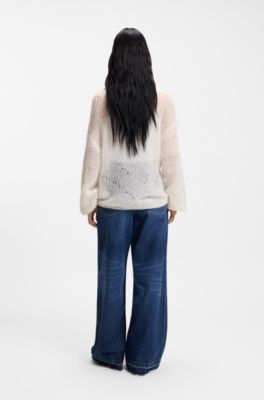 Wool-blend sweater with open knit, Natural