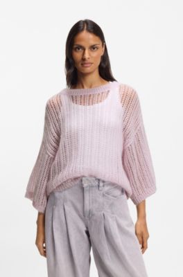 Pull en maille ajour&eacute;e de laine m&eacute;lang&eacute;e, Violet clair