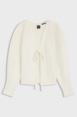 Cardigan a coste con cravatta sulla parte anteriore e maniche a palloncino, Bianco