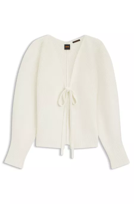 Tie-front rib-knit cardigan with balloon sleeves