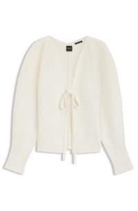 Tie-front rib-knit cardigan with balloon sleeves, White