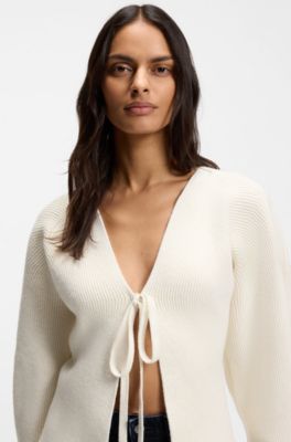 Cardigan a coste con cravatta sulla parte anteriore e maniche a palloncino, Bianco