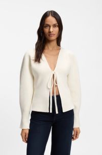 Tie-front rib-knit cardigan with balloon sleeves, White