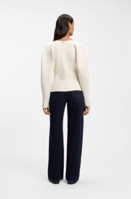 Tie-front rib-knit cardigan with balloon sleeves, White