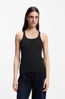 Racer-back tank top in stretch cotton, Black