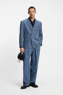 Oversized-fit blazer in pinstripe performance-stretch fabric, Light Blue Stripes