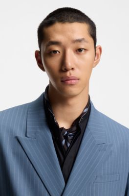 핀스트라이프 퍼포먼스 스트레치 패브릭 오버사이즈 핏 블레이저, 연한 파란색 줄무늬