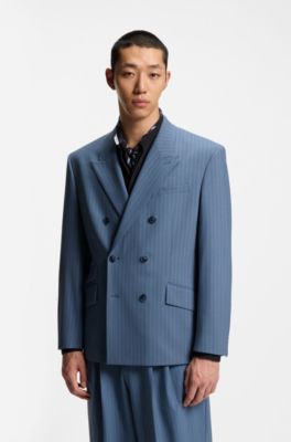 Blazer oversize in tessuto gessato elasticizzato ad alte prestazioni, Righe azzurre