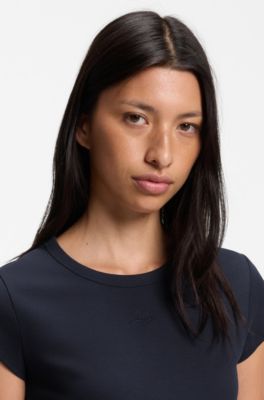 T-shirt Slim en coton stretch &agrave; logo brod&eacute;, Bleu fonc&eacute;