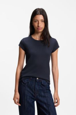 T-shirt Slim en coton stretch &agrave; logo brod&eacute;, Bleu fonc&eacute;