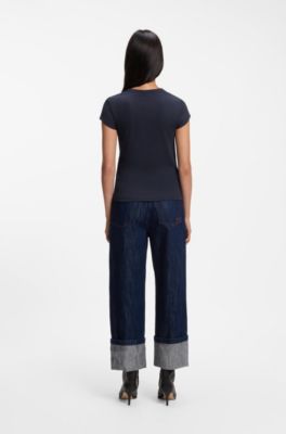 T-shirt Slim en coton stretch &agrave; logo brod&eacute;, Bleu fonc&eacute;