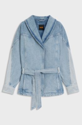 Peplum-hem jacket in blue rigid denim with belt, Light Blue