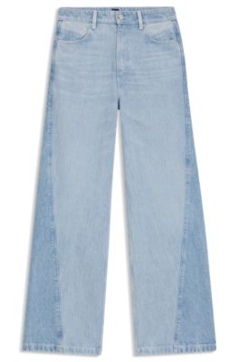 Wide-leg jeans in blue rigid denim with panelling, Light Blue