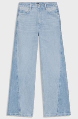 Wide-leg jeans in blue rigid denim with panelling, Light Blue