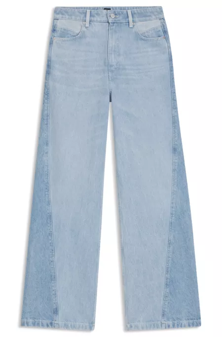 Jeans aus festem blauem Denim mit Einsätzen und weitem Beinverlauf