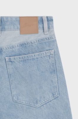 Jeans a gamba larga in denim rigido blu con pannelli, Celeste