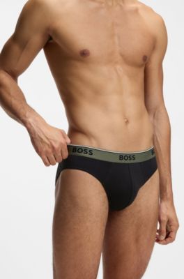 Set van drie slips van stretchkatoen met logotailleband, Zwart