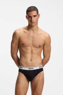 Three-pack of logo-waistband briefs in stretch cotton, Black