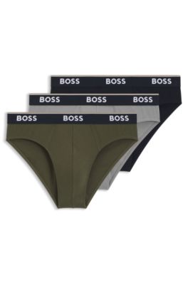 Three-pack of logo-waistband briefs in stretch cotton, Grey / Green / Blue
