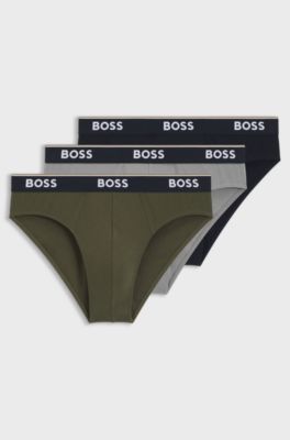 Three-pack of logo-waistband briefs in stretch cotton, Grey / Green / Blue