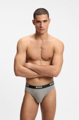 Three-pack of logo-waistband briefs in stretch cotton, Grey / Green / Blue