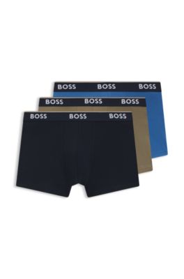 Three-pack of stretch-cotton trunks with logo waistbands, Black / Green / Blue
