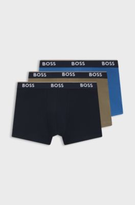 Three-pack of stretch-cotton trunks with logo waistbands, Black / Green / Blue
