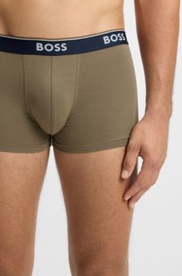 Three-pack of stretch-cotton trunks with logo waistbands, Black / Green / Blue