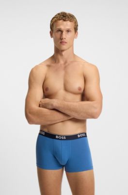 Three-pack of logo-waistband trunks in cotton, Black / Green / Blue