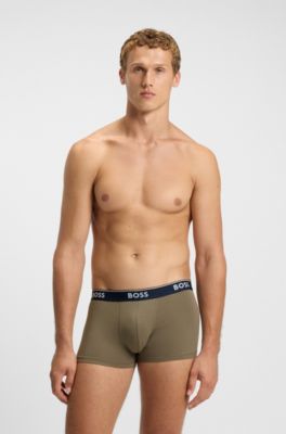 Three-pack of logo-waistband trunks in cotton, Black / Green / Blue