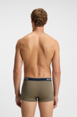 Three-pack of stretch-cotton trunks with logo waistbands, Black / Green / Blue