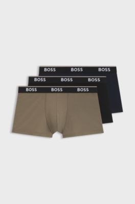 Three-pack of logo-waistband trunks in cotton, Beige / Black / Blue