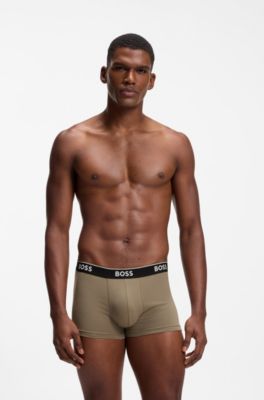 Lot de trois boxers courts en coton avec taille logot&eacute;e, Beige / Noir / Bleu
