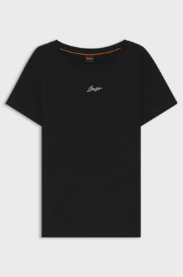 Slim-fit cotton T-shirt with handwritten logo embroidery, Black