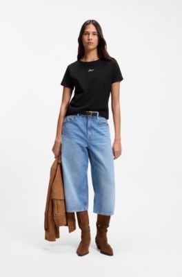 Slim-fit cotton T-shirt with handwritten logo embroidery, Black