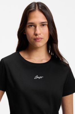 Slim-fit cotton T-shirt with handwritten logo embroidery, Black