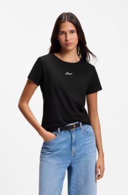 Slim-fit cotton T-shirt with handwritten logo embroidery, Black